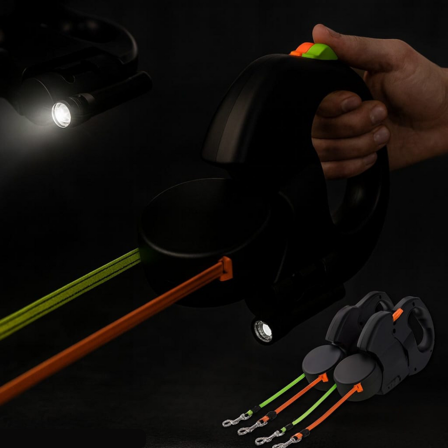 Luminia DuoLeash™ – Guinzaglio Retrattile Doppio 3 m ,Luce LED • Testa rotante 360° anti-groviglio • Nastri riflettenti